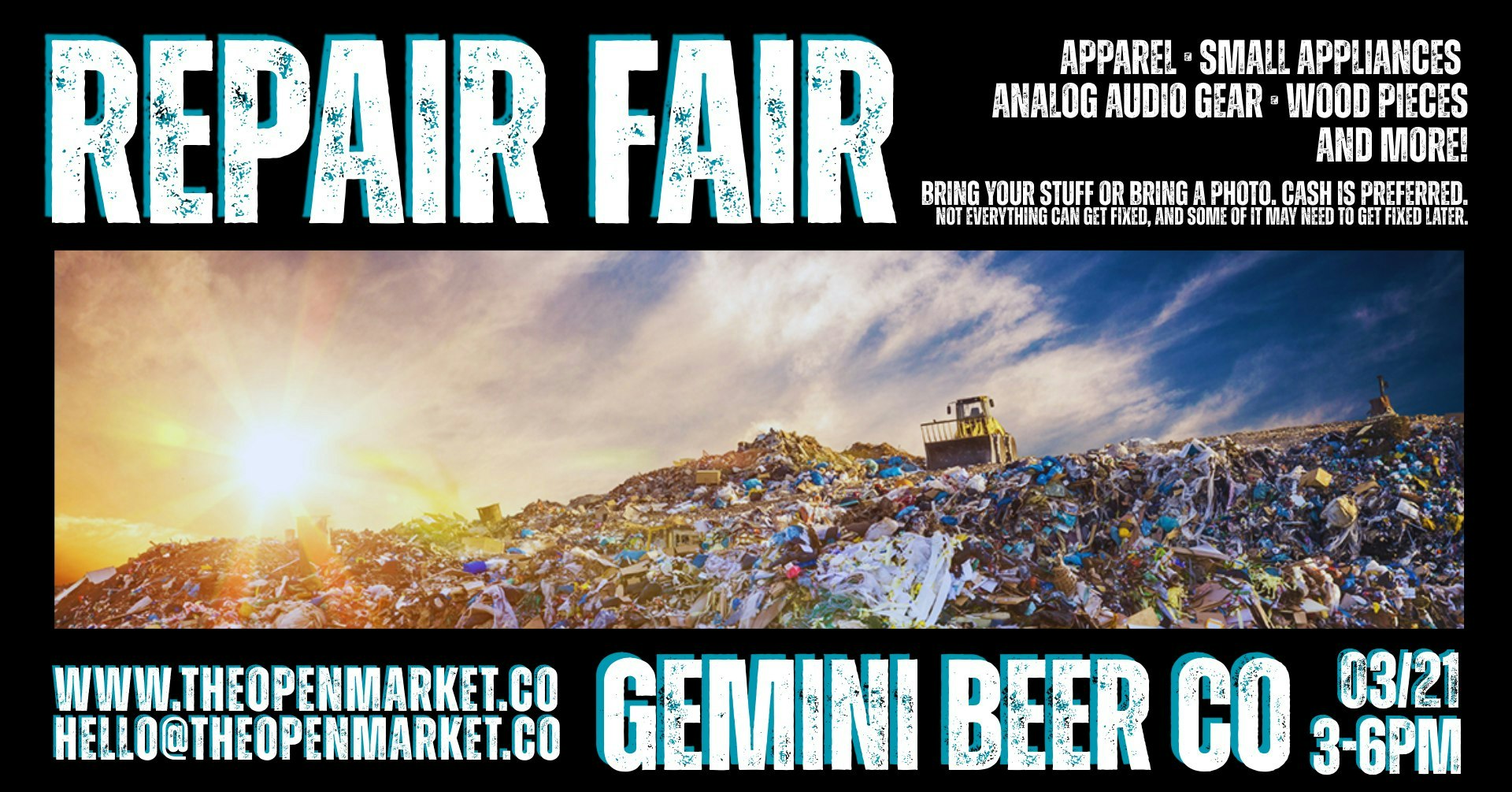 A "Repair Fair" at Gemini Beer Co. on 03/21, offering repair services for various items. Bring your stuff or a photo.