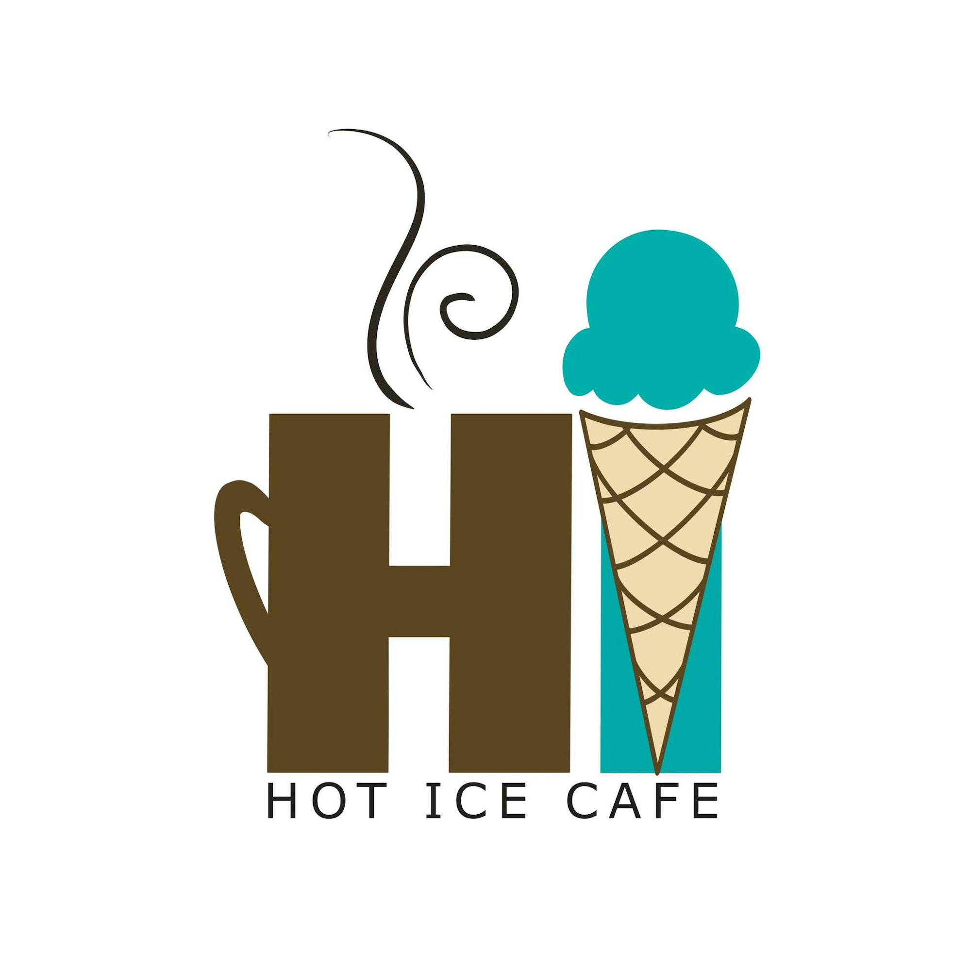 A logo with "HI" formed by a coffee cup and ice cream cone, reading "HOT ICE CAFE."