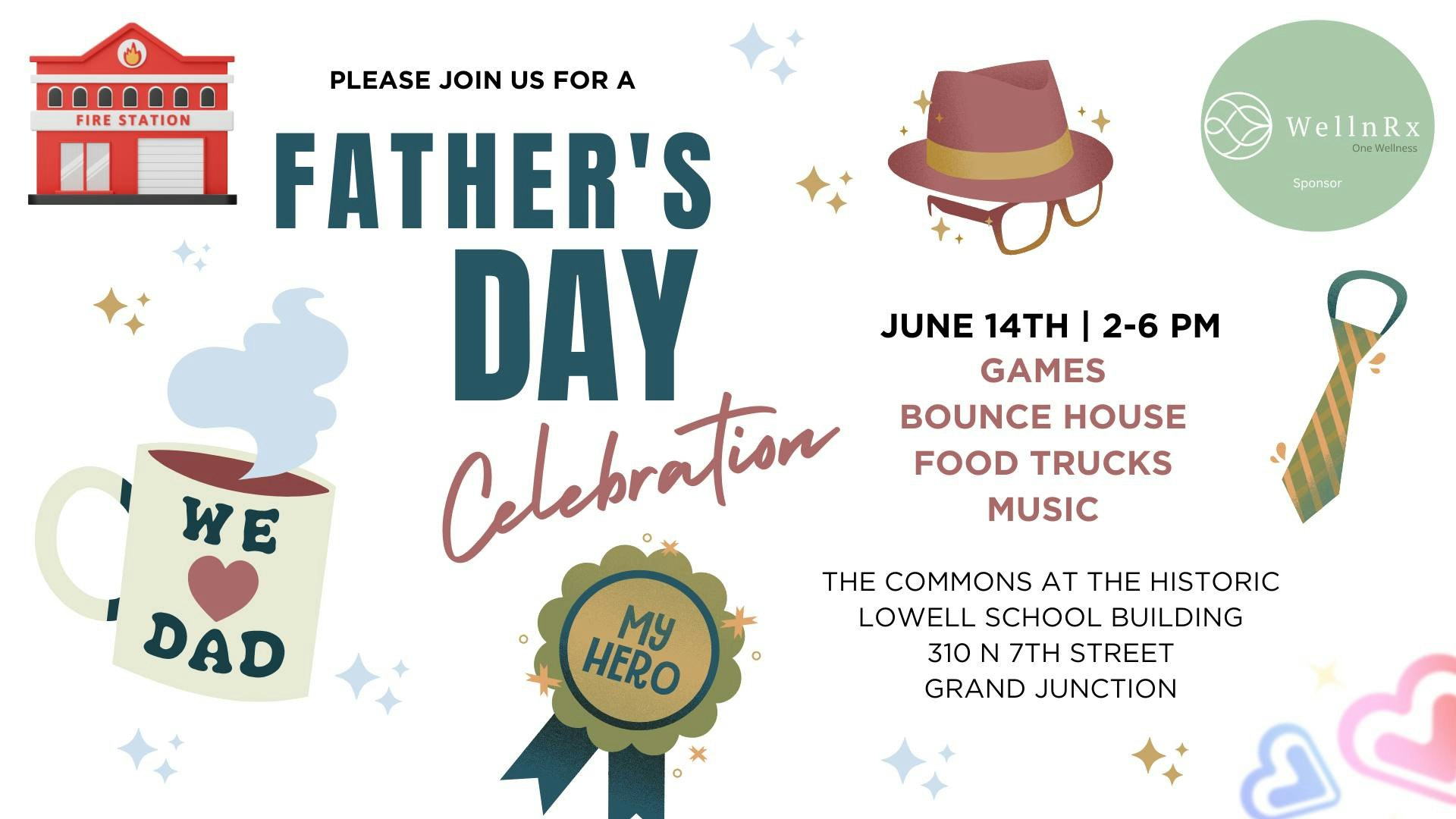 Father's Day Celebration, June 14th, 2-6 PM, with games, food trucks, music at Lowell School Building, Grand Junction.