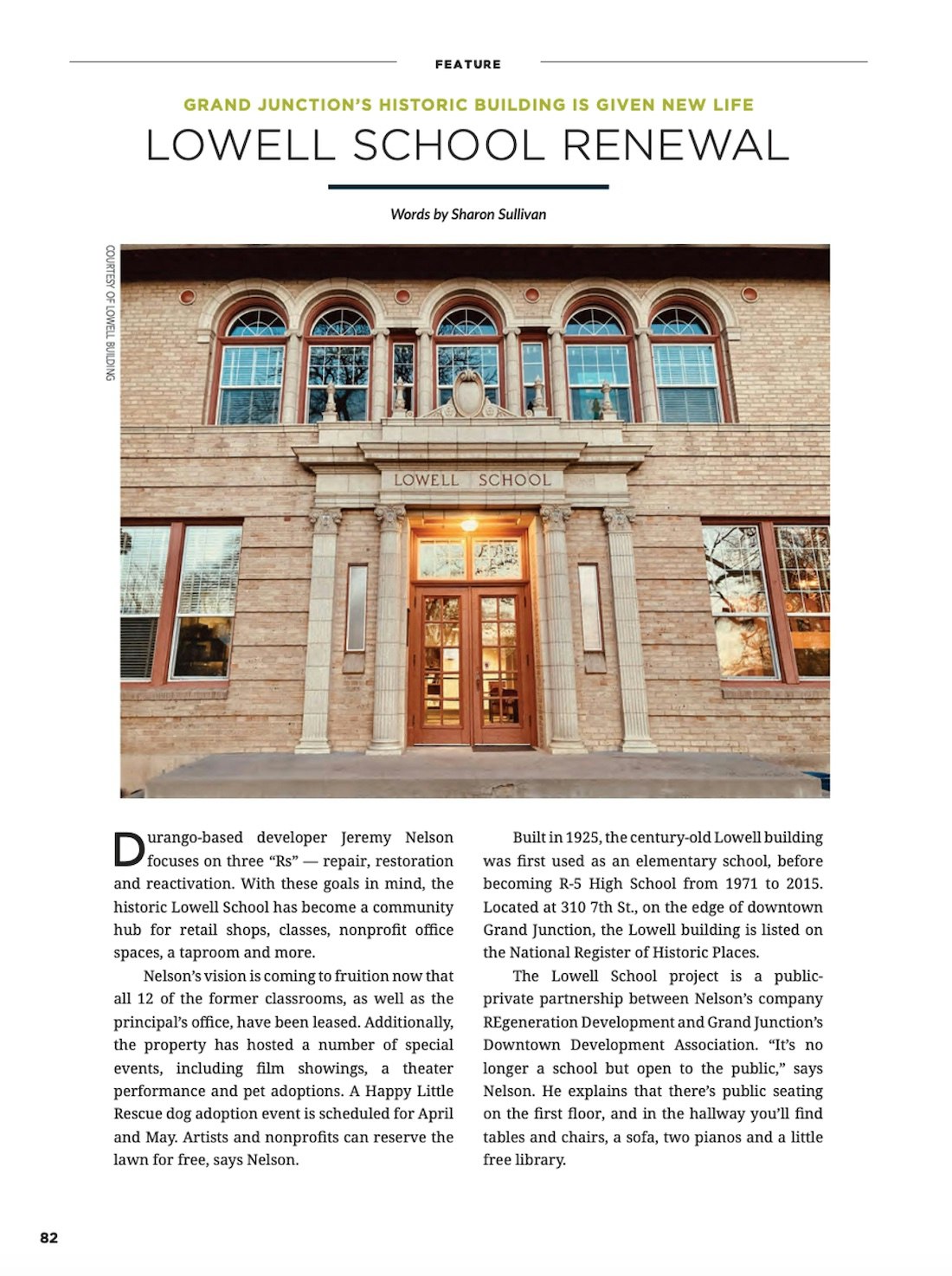 An article about the Lowell School's renewal as a community hub with a photo of the building's facade.