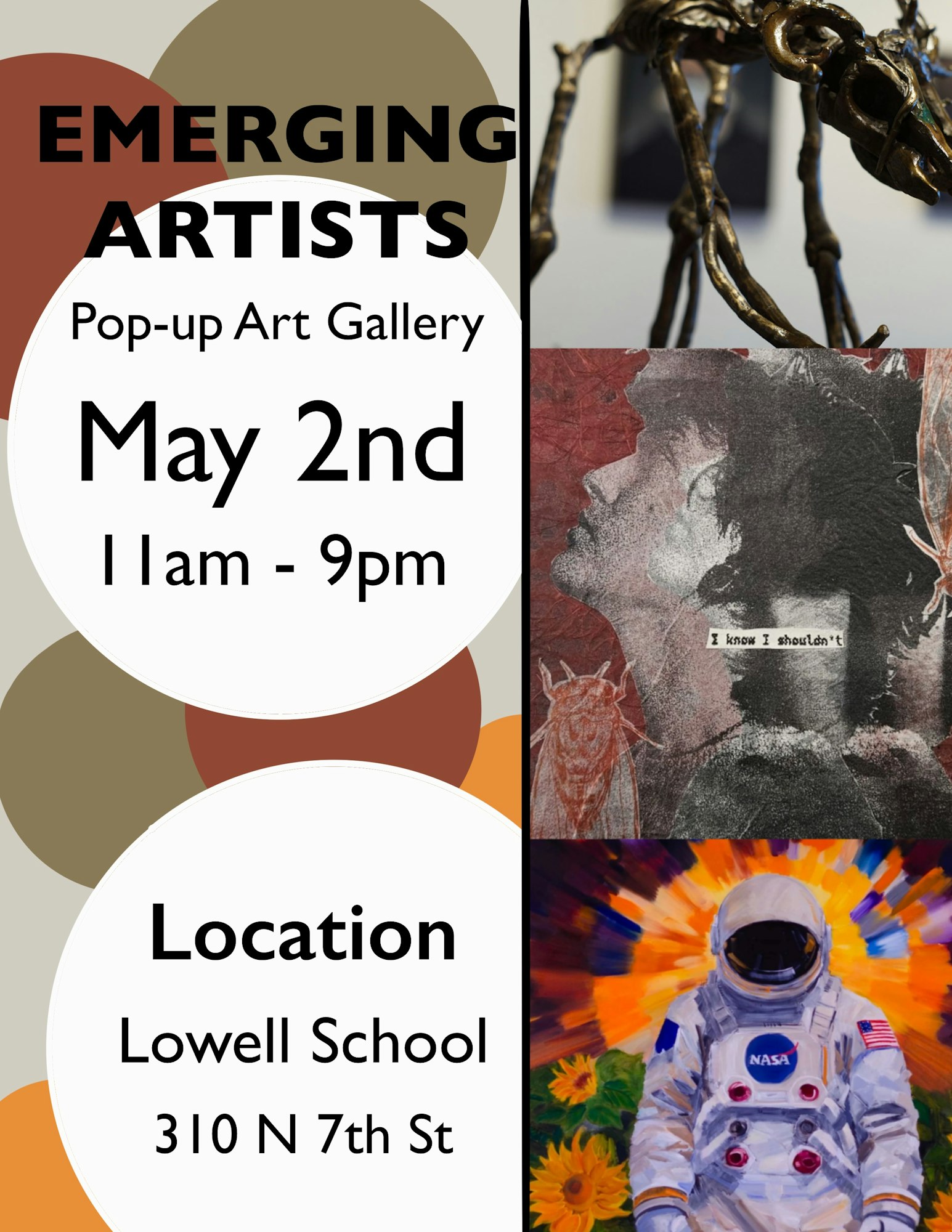 Announcement for a pop-up art gallery featuring emerging artists on May 2nd, 11 am - 9 pm at Lowell School, 310 N 7th St.