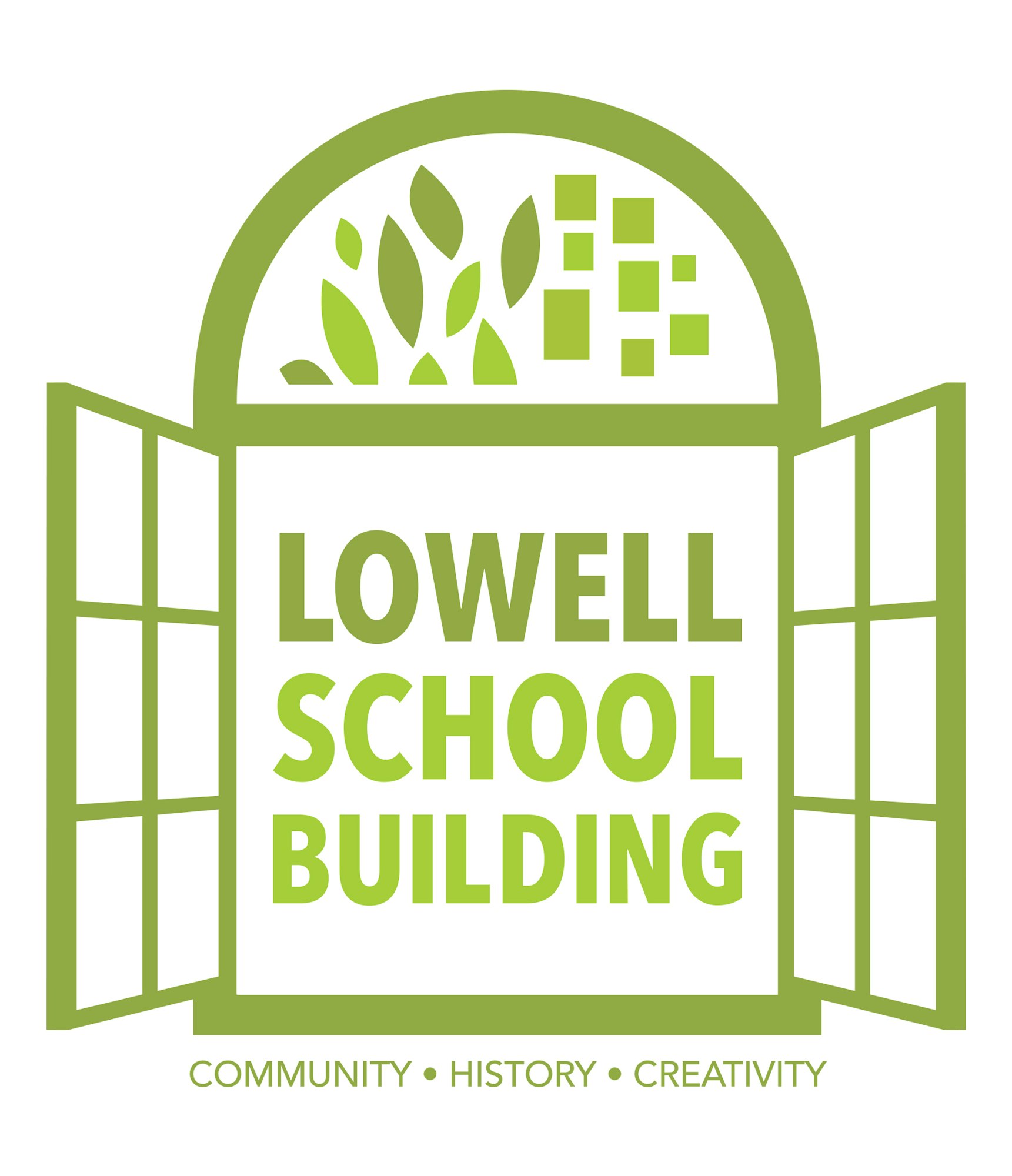 A green logo for Lowell School Building with symbols for community, history, creativity.