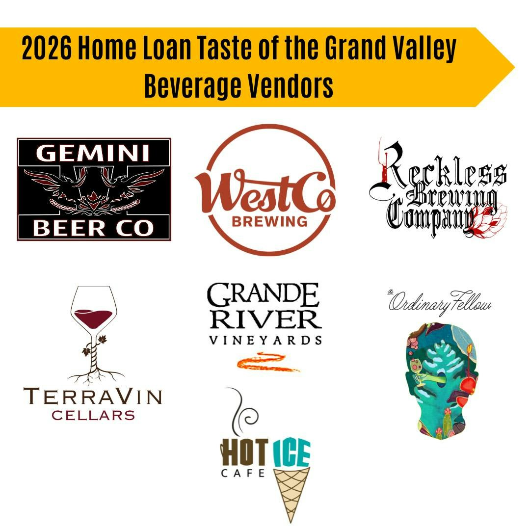 The image features beverage vendors for the 2026 Home Loan Taste of the Grand Valley, including breweries and wineries.