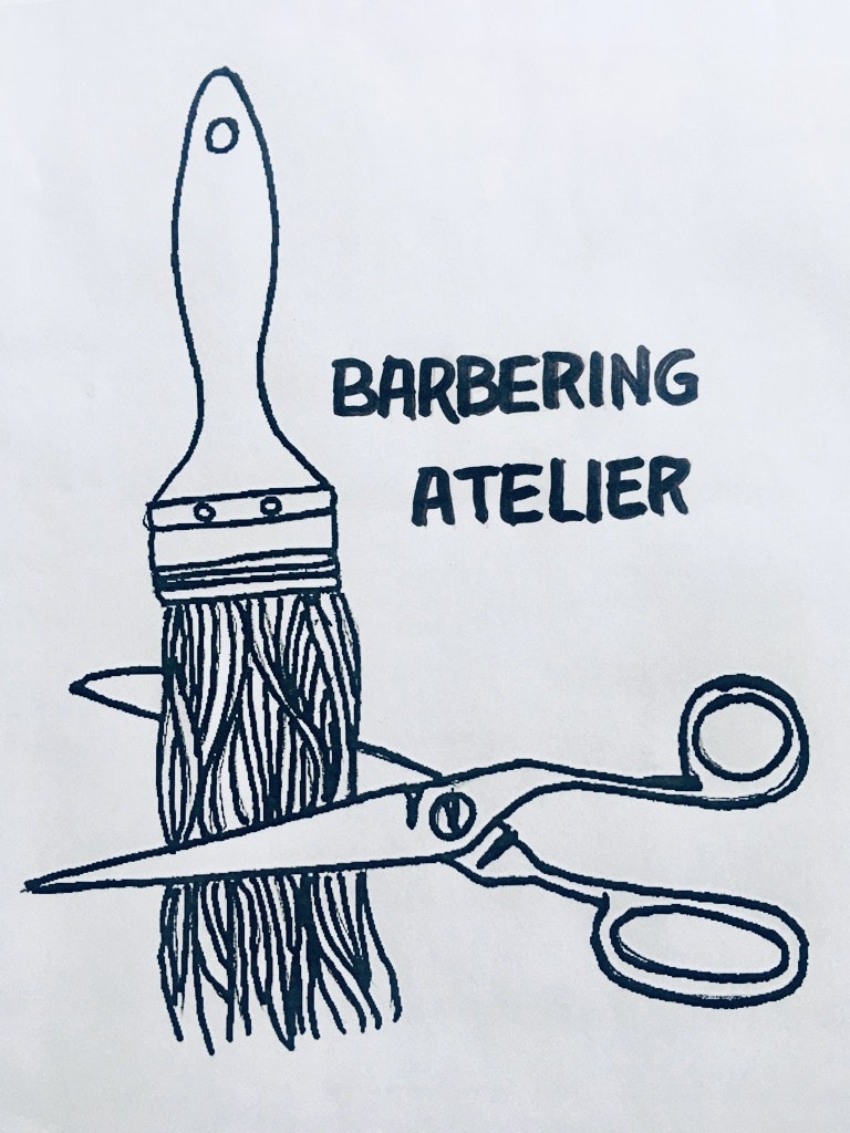 The image features a paintbrush and scissors with the text "BARBERING ATELIER," suggesting a creative fusion of art and hair styling.