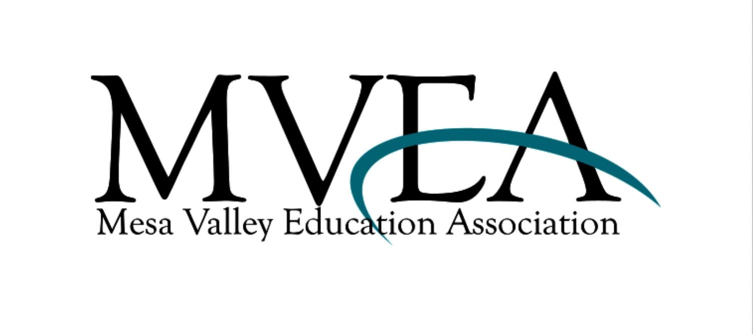 Logo of Mesa Valley Education Association (MVEA) with stylized text and a swoosh design.