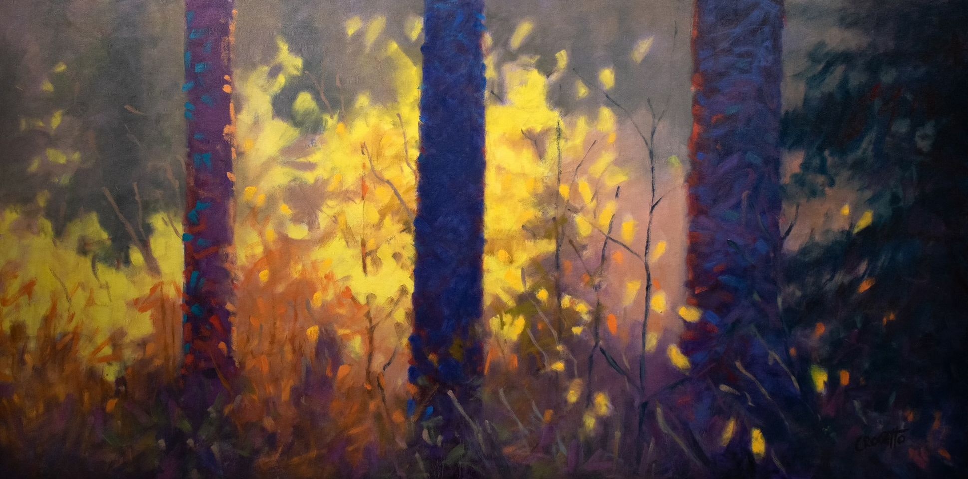 An impressionistic painting of a forest with colorful trees and light filtering through foliage.