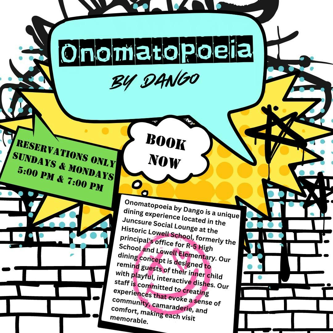 A colorful advertisement for “Onomatopoeia by Dango,” a unique dining experience, urging to book now with reservation details.