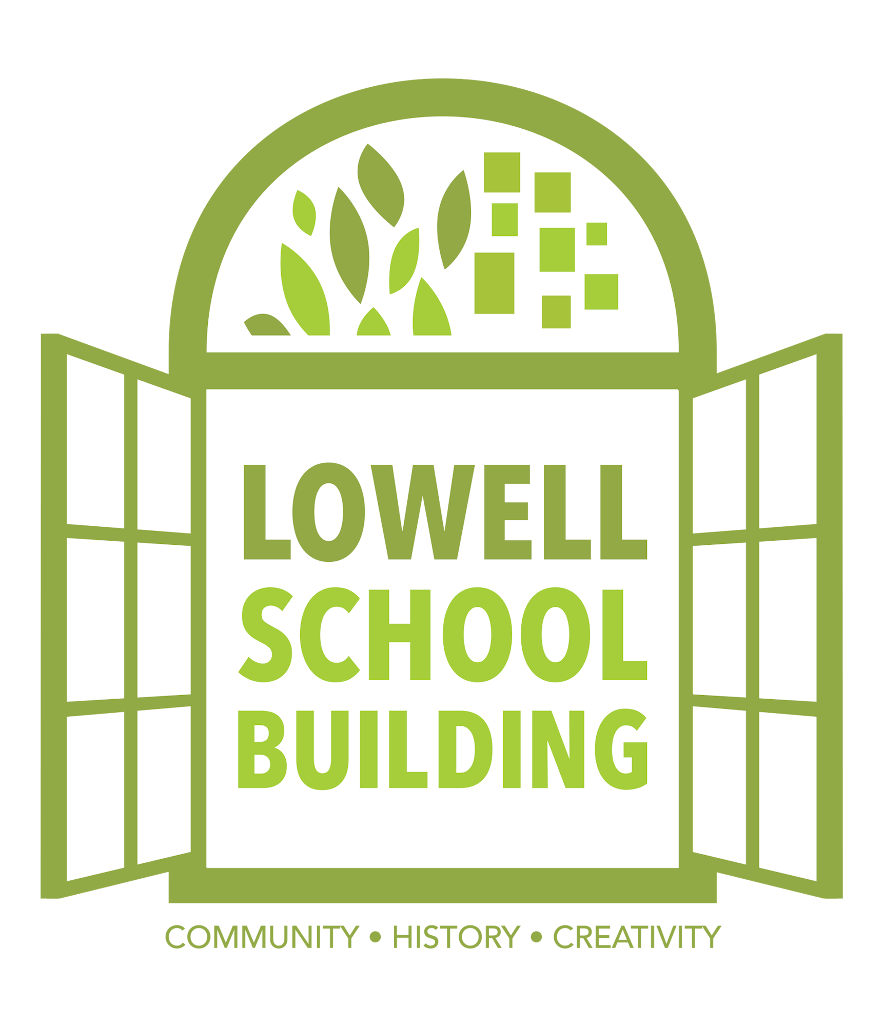 Graphic logo for "Lowell School Building" featuring an arched window design with leaf and grid patterns and the words "Community, History, Creativity."