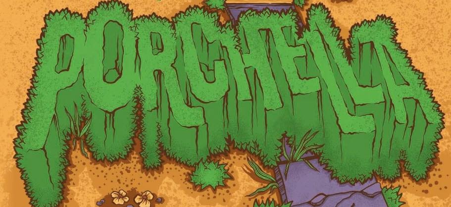 Bushes shaped like the word "PORCHES" with flowers and rocks.