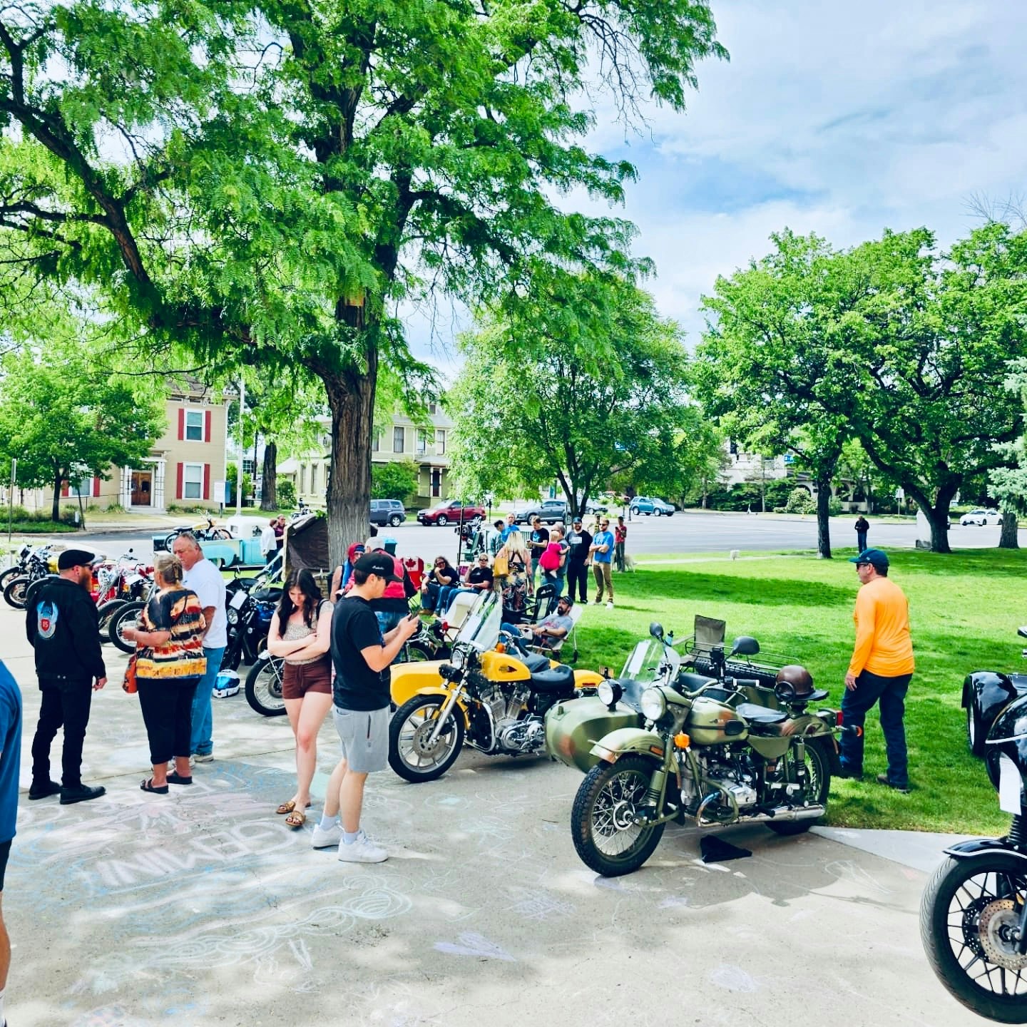 A lively gathering of people among motorcycles, set in a green park with trees and nearby buildings.