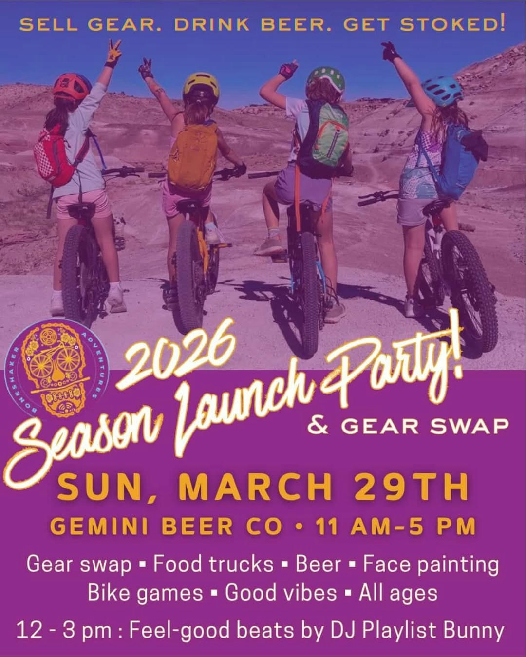 A season launch party & gear swap on March 29 at Gemini Beer Co, featuring food, beer, games, and music from DJ Playlist Bunny!