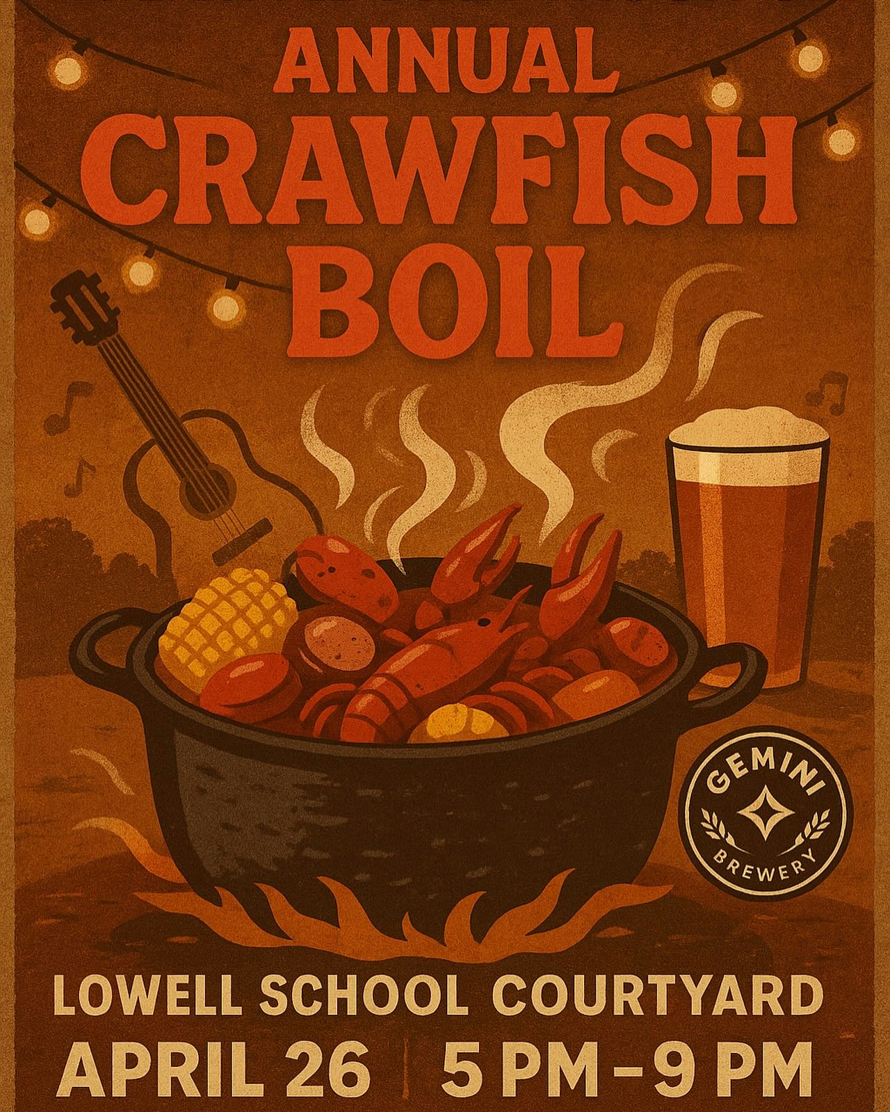 Annual Crawfish Boil event on April 26, 5-9 PM, at Lowell School Courtyard with food, drinks, and music.