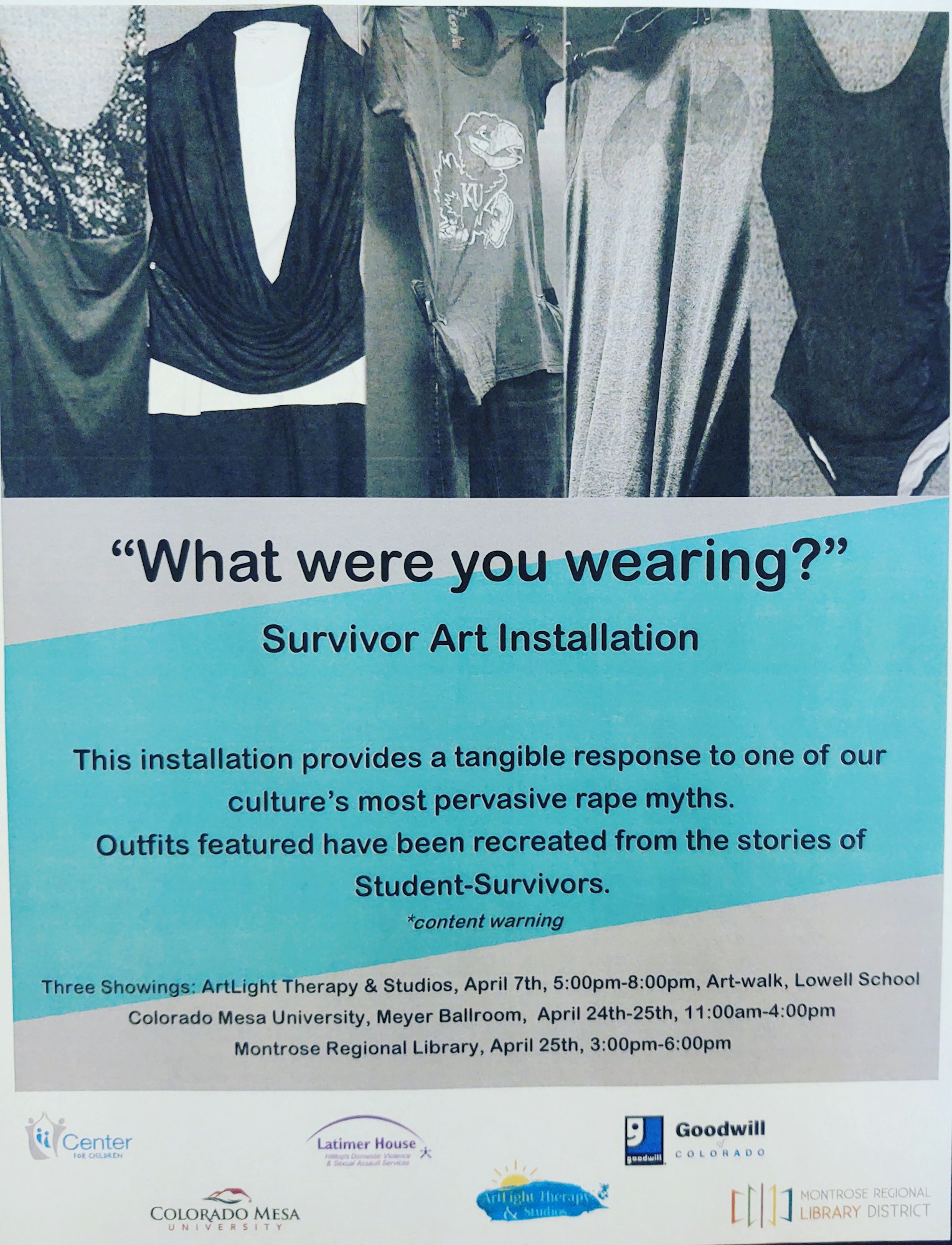 Promotional poster for "What were you wearing?" art exhibit.
