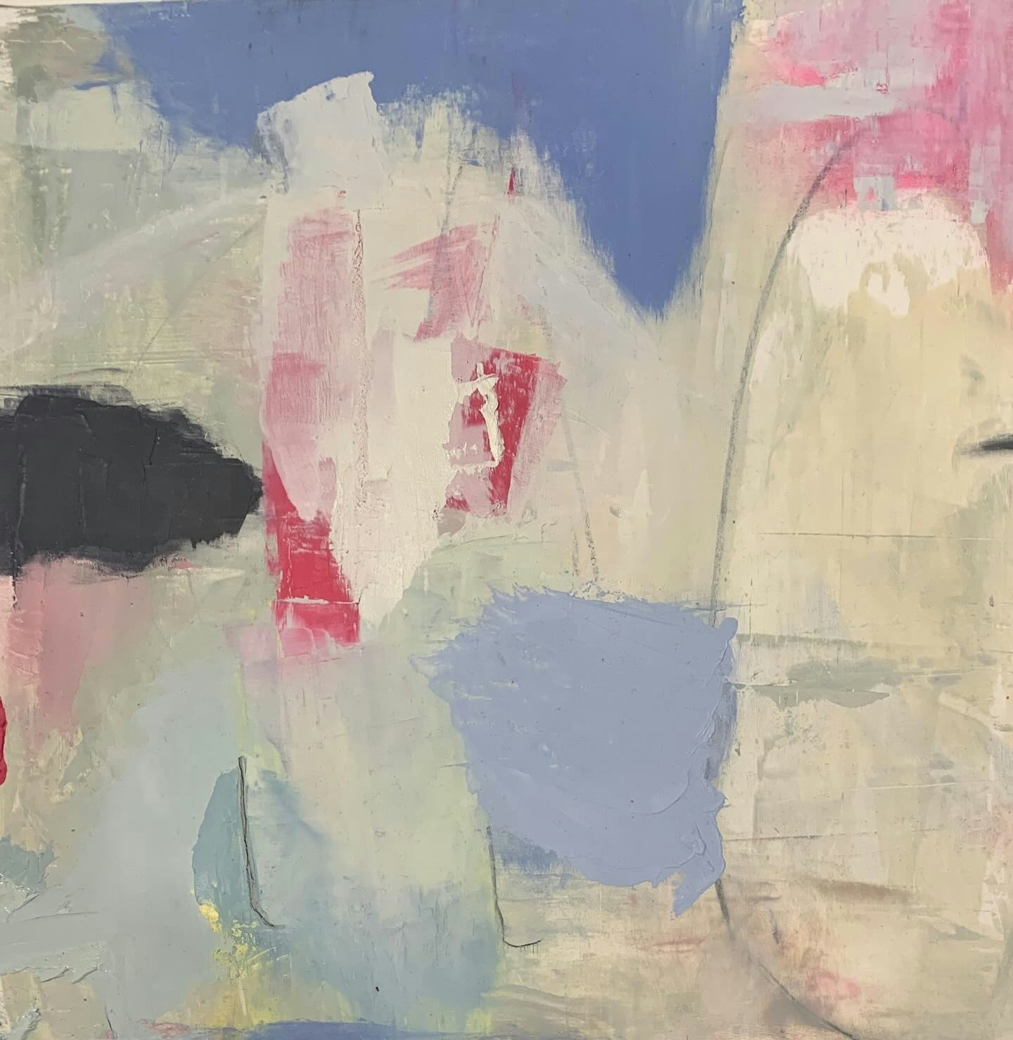 Abstract painting with textured brushstrokes in pastel colors.