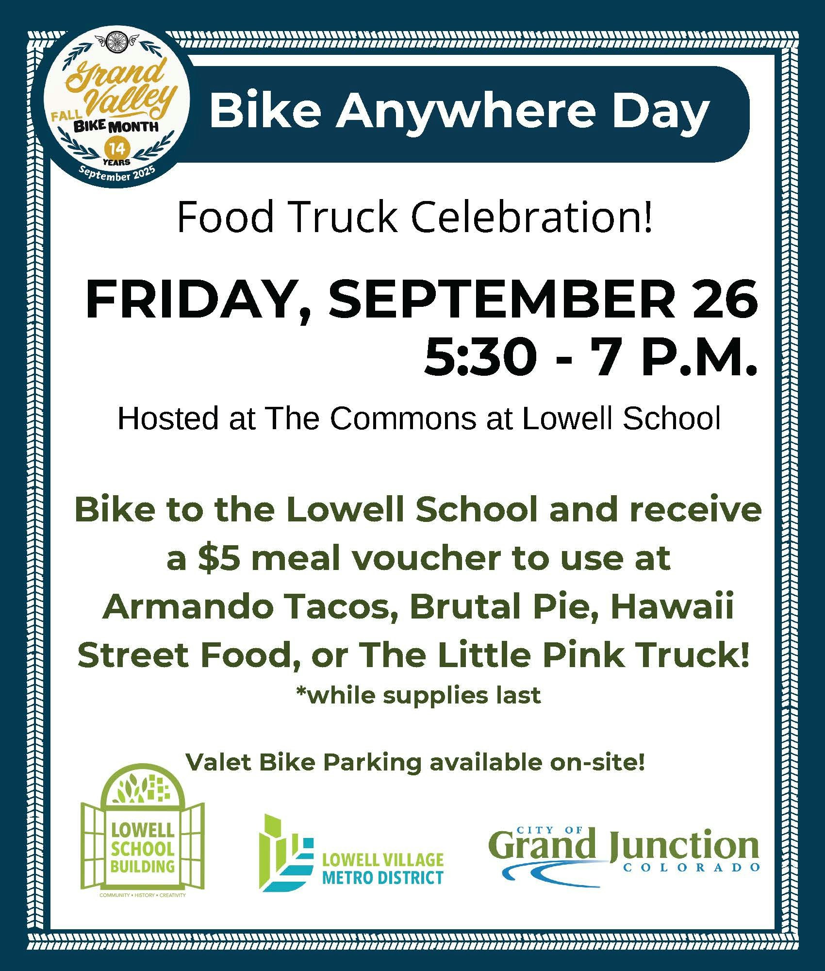 Bike Anywhere Day on September 26, 5:30-7 PM at Lowell School. Get a $5 meal voucher. Valet bike parking available.