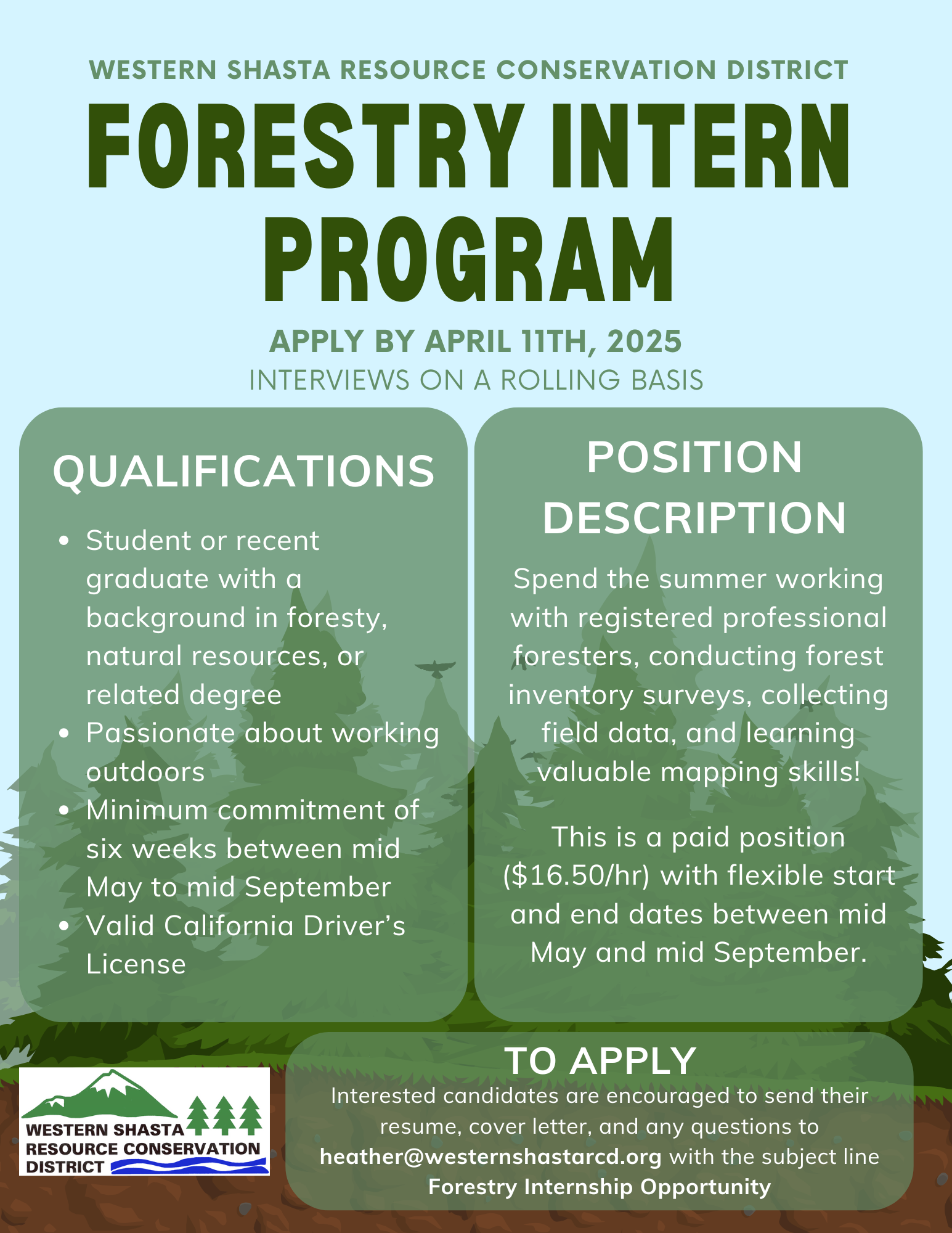 Forestry Intern Program ad; apply by April 11, 2025. Paid position, $16.50/hr. Qualifications and application details included.
