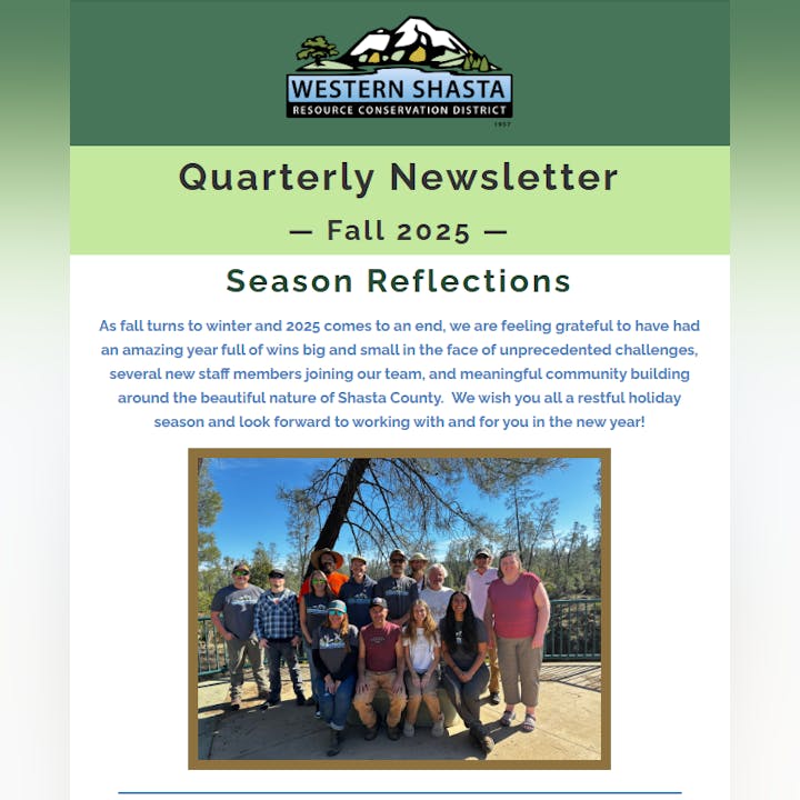 The image shows the Western Shasta Resource Conservation District's Fall 2025 newsletter, highlighting team growth and community efforts.