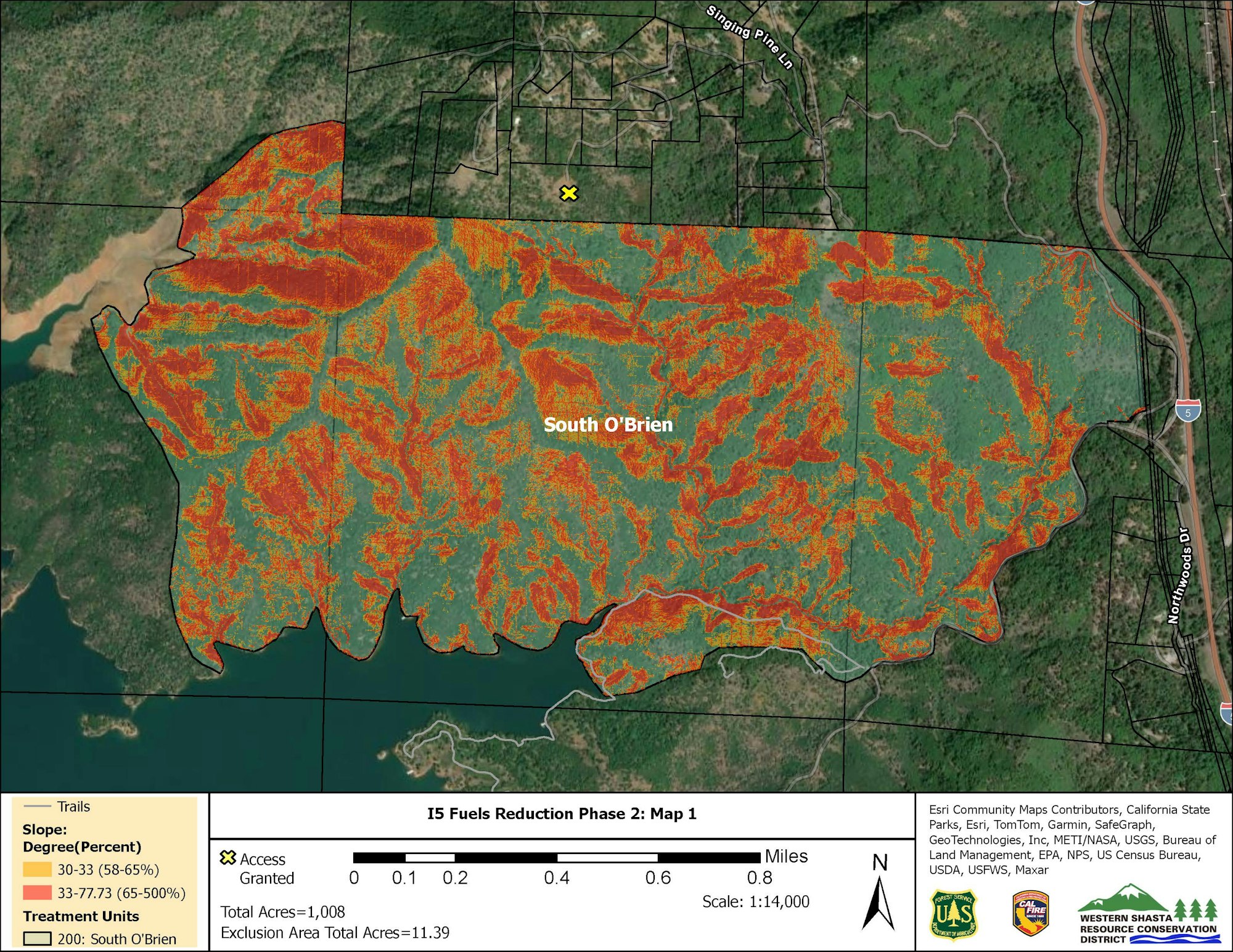 Map showing fuel reduction zones with various slopes near South O'Brien, used for wildfire prevention planning.