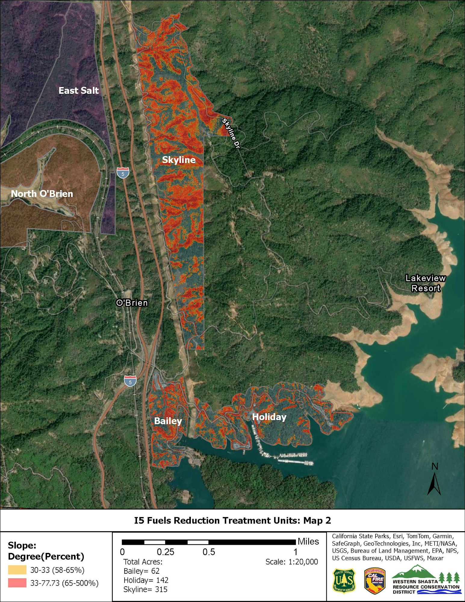 A map highlighting areas for fuels reduction treatment to mitigate wildfire risk, with slope degrees, locations, and scale.