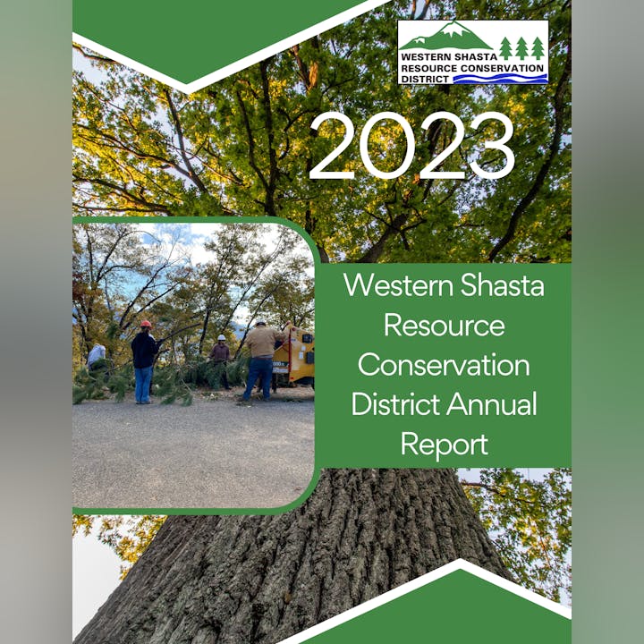 Cover of a 2023 annual report for Western Shasta Resource Conservation District, featuring people and nature.