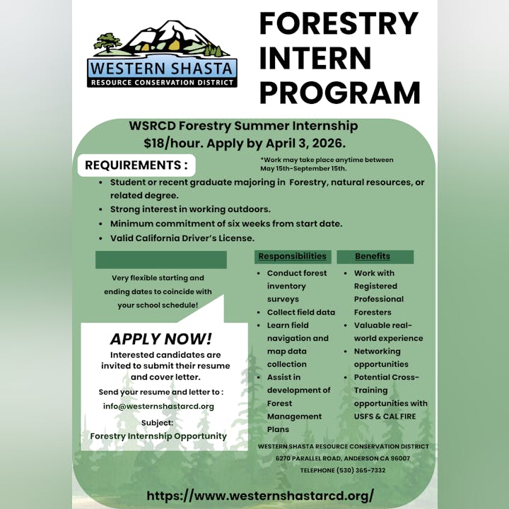 WSRCD is offering a $18/hour forestry summer internship. Apply by April 3, 2026. Flexible dates; requires outdoor interest and driver’s license.