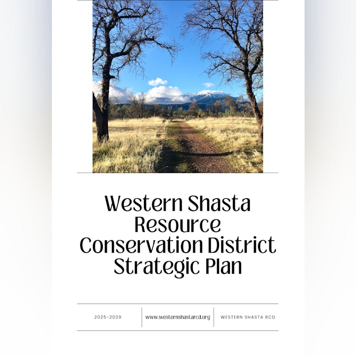 Landscape with path and trees; text: "Western Shasta Resource Conservation District Strategic Plan 2025-2029."