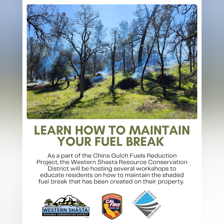 Image promotes workshops by Western Shasta RC District on maintaining fuel breaks for fire safety in the China Gulch area.