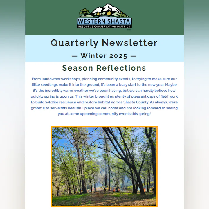 A newsletter from Western Shasta highlights community events, winter reflections, and upcoming spring activities in conservation.
