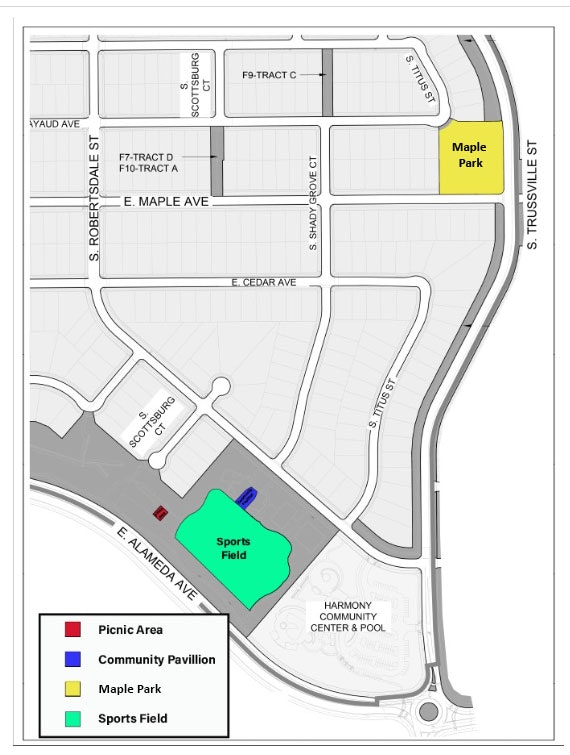 Map showing Maple Park, sports field, picnic area, community pavilion, and roads in a neighborhood.