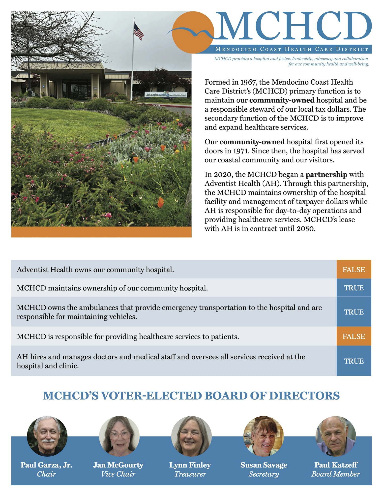 MCHCD brochure about hospital ownership, partnership with Adventist Health, and board of directors. Includes true/false statements.
