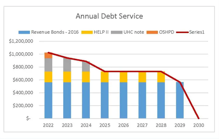 The chart depicts annual debt service from 2022 to 2030 with various bond types, showing a declining trend over the years.
