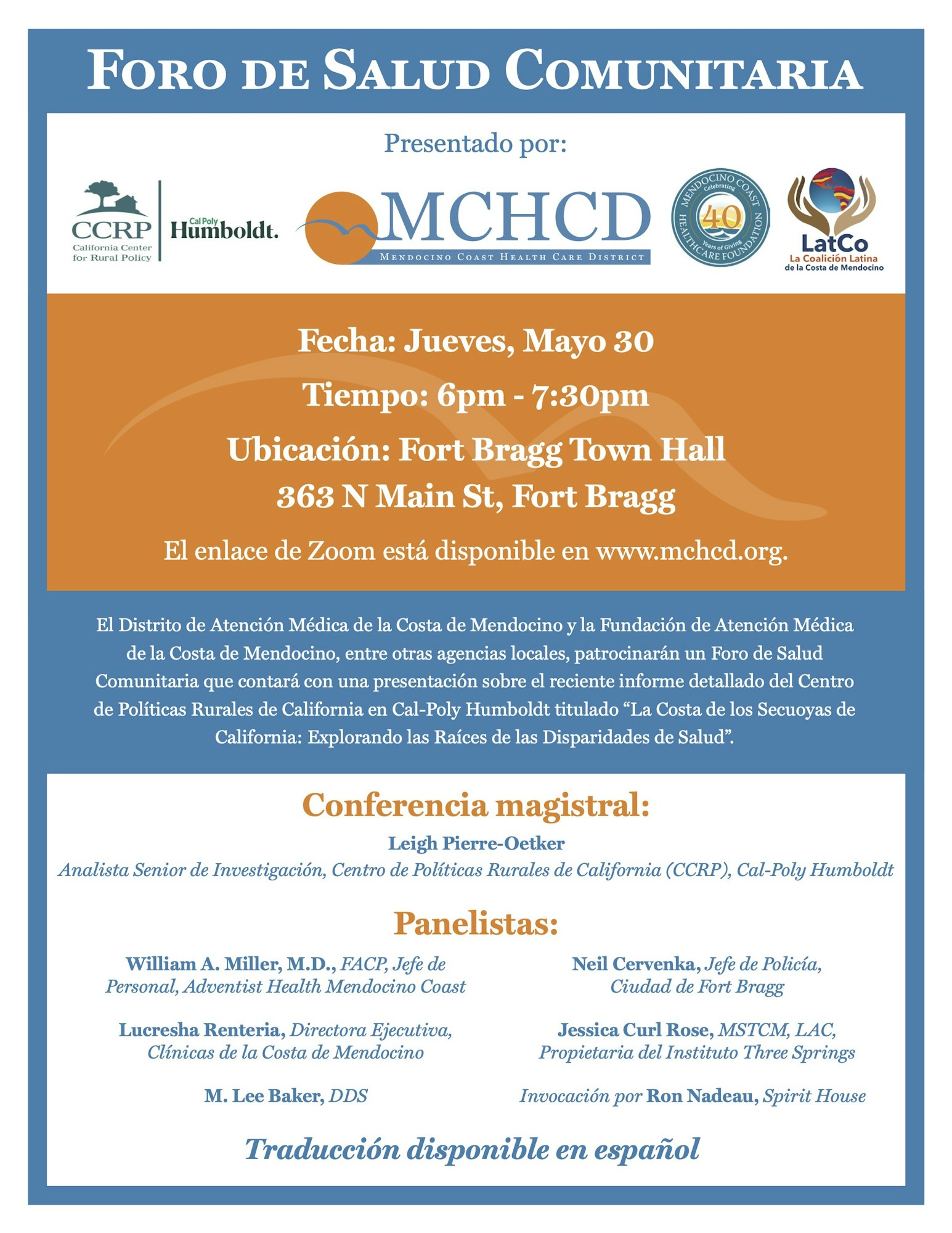 A poster for a Community Health Forum, with event details and speaker names, offering Spanish translation.