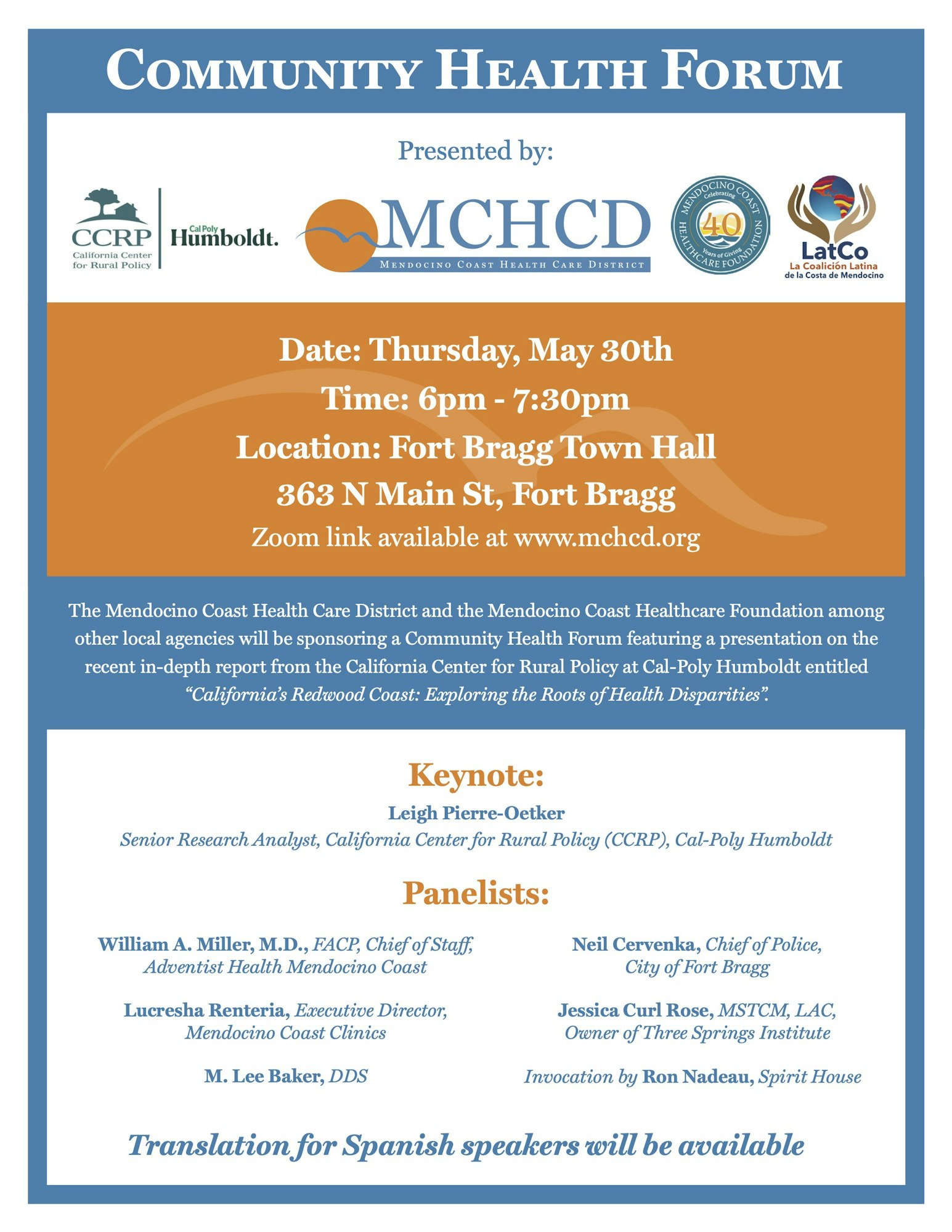 A flyer for a Community Health Forum with event details, keynote, panelists, and notice of Spanish translation.