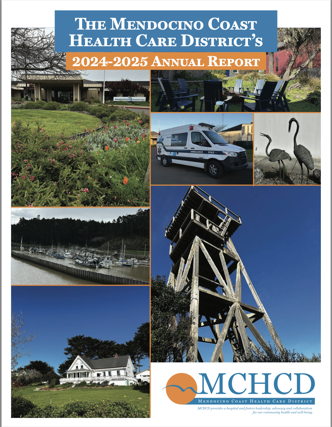 Mendocino Coast Health Care District's 2024-2025 Annual Report cover with various local images and MCHCD logo.