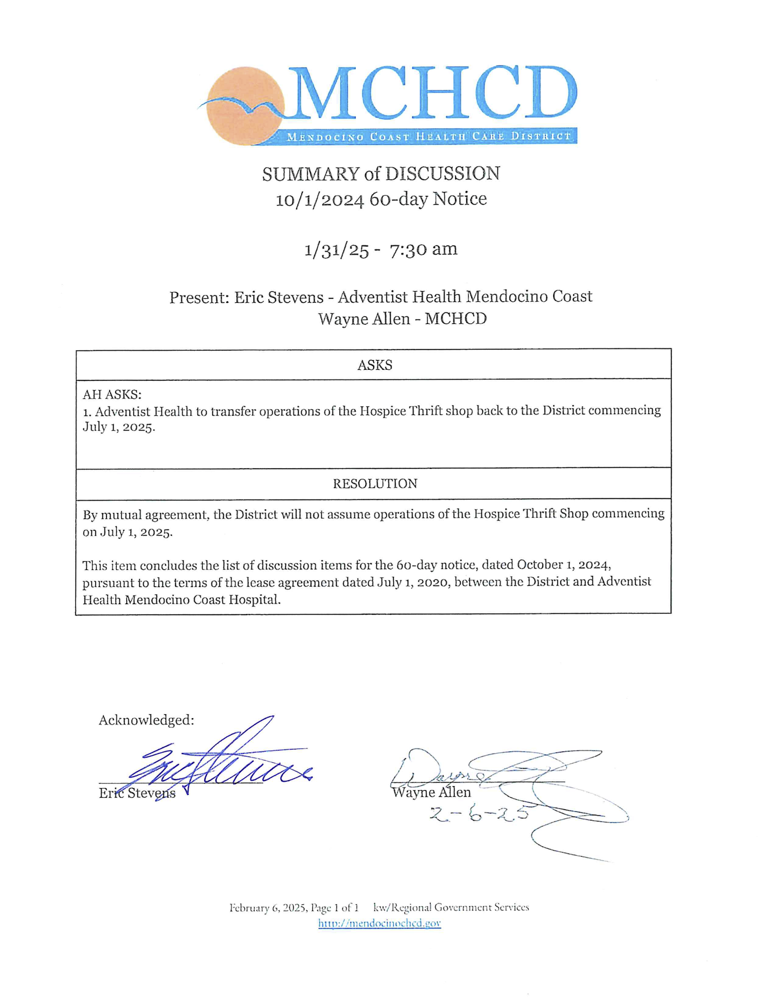 Discussion summary on hospice thrift shop operations transfer; agreement not to assume operations from July 1, 2025.