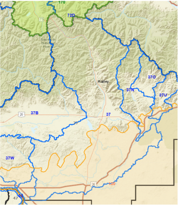 A map with terrain features, rivers marked in blue, and routes or boundaries in orange.