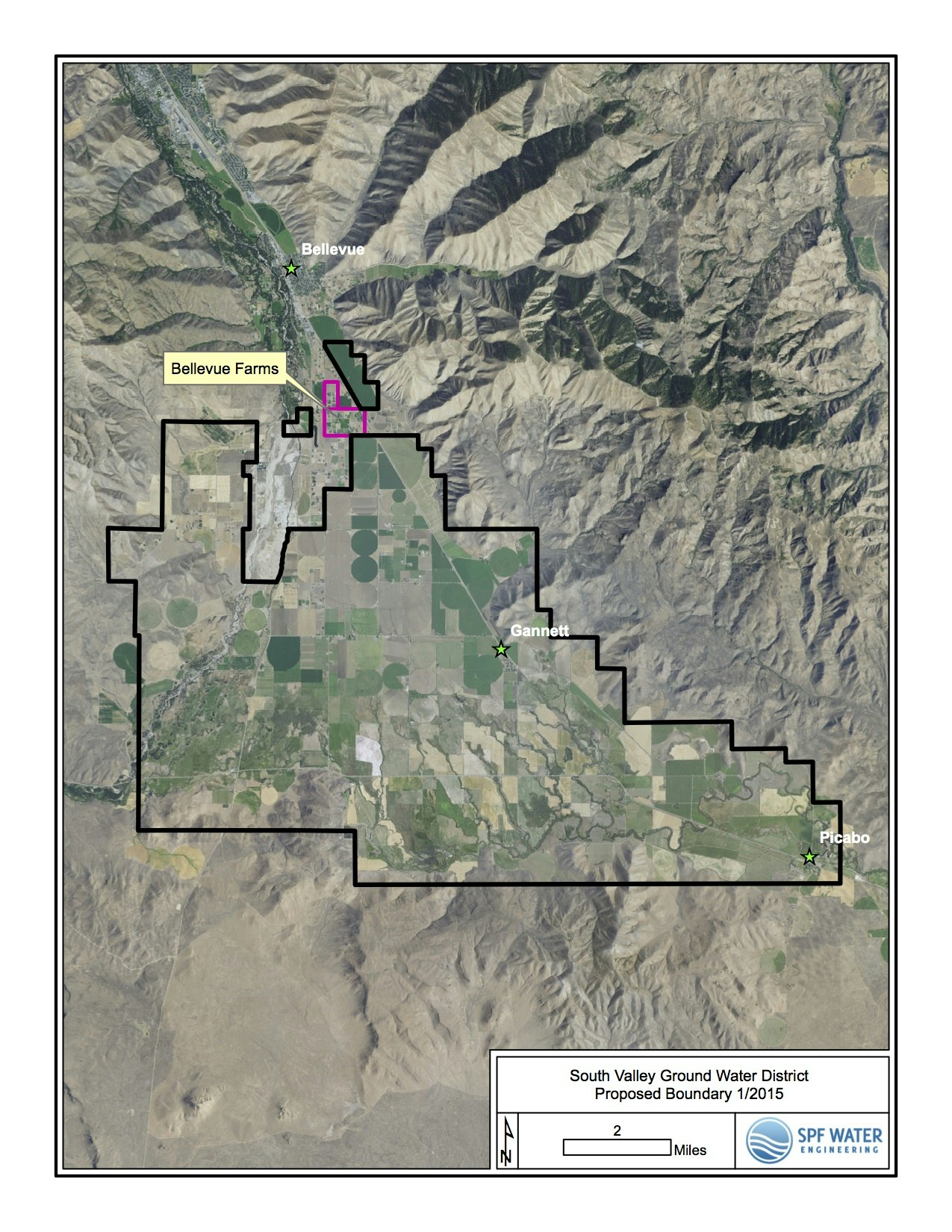 Satellite image with overlaid map marking the proposed boundary of South Valley Ground Water District, including Bellevue and Picabo regions.