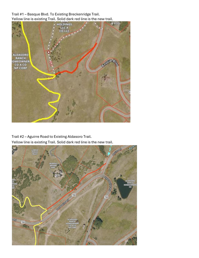 Map with two trails: yellow lines show existing trails, red lines indicate new trails. Locations: Basque Blvd, Aguirre Road.
