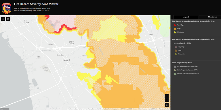Map showing fire hazard severity zones in varying colors indicating risk levels with a legend and location details.