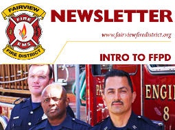 A newsletter header for "Fairview Fire District" with a logo, website, and photo of three firefighters in front of a fire engine.