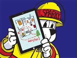 A cartoon dog firefighter named Sparky showing a fire escape plan on a tablet.