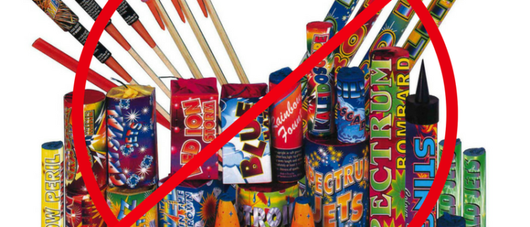 Image of various fireworks with a red "no" symbol overlaid, indicating a ban or prohibition on fireworks.
