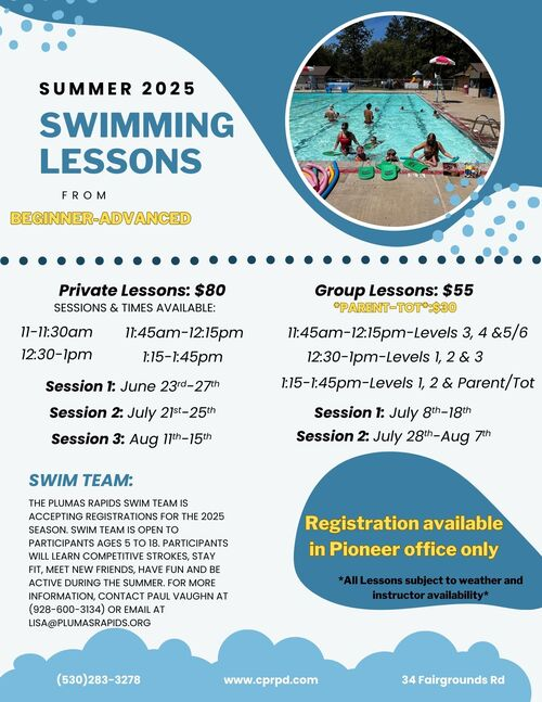 Summer 2025 swimming lessons info: private ($80) and group ($55) sessions, swim team sign-up available. Registration in Pioneer office.