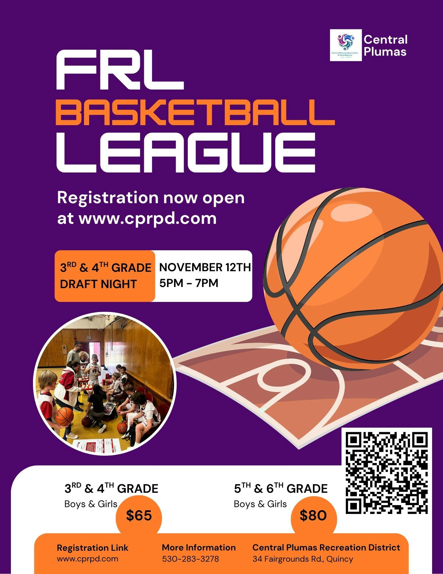 FRL Basketball League registration info, draft night on November 12th, with fees and location details.