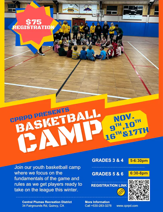 Youth basketball camp for grades 3-6 in Quincy, CA. $75 registration. Dates: Nov 9, 10, 16, 17. Focus on game fundamentals.