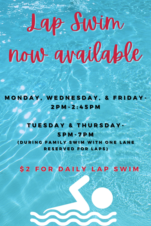 Lap swim available; Mon, Wed, Fri 2-2:45pm, Tue, Thu 5-7pm. $2 for daily swim.