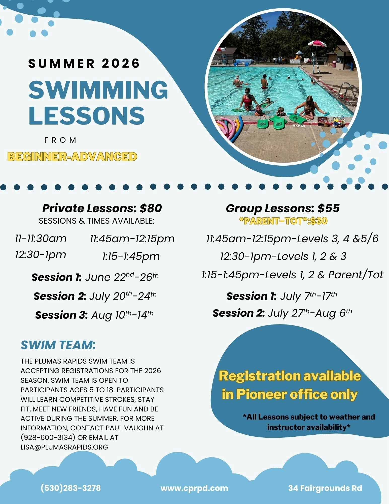 Summer 2026 swimming lessons for all levels, with private ($80) and group ($55) options. Sessions from June to August. Registration info included.
