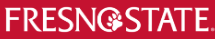 Text logo: "FRESNO STATE" on a red background with a paw print inside the "O".