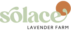 Logo with the text "Solace Lavender Farm" in light green and black, with an orange circle accent.