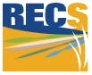 The image shows the word "RECS" with colorful abstract lines on an orange and blue background.